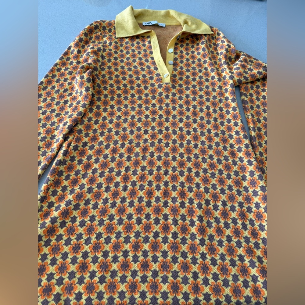 Zara Long-Sleeve Knit Polo Dress in Yellow and Orange Floral